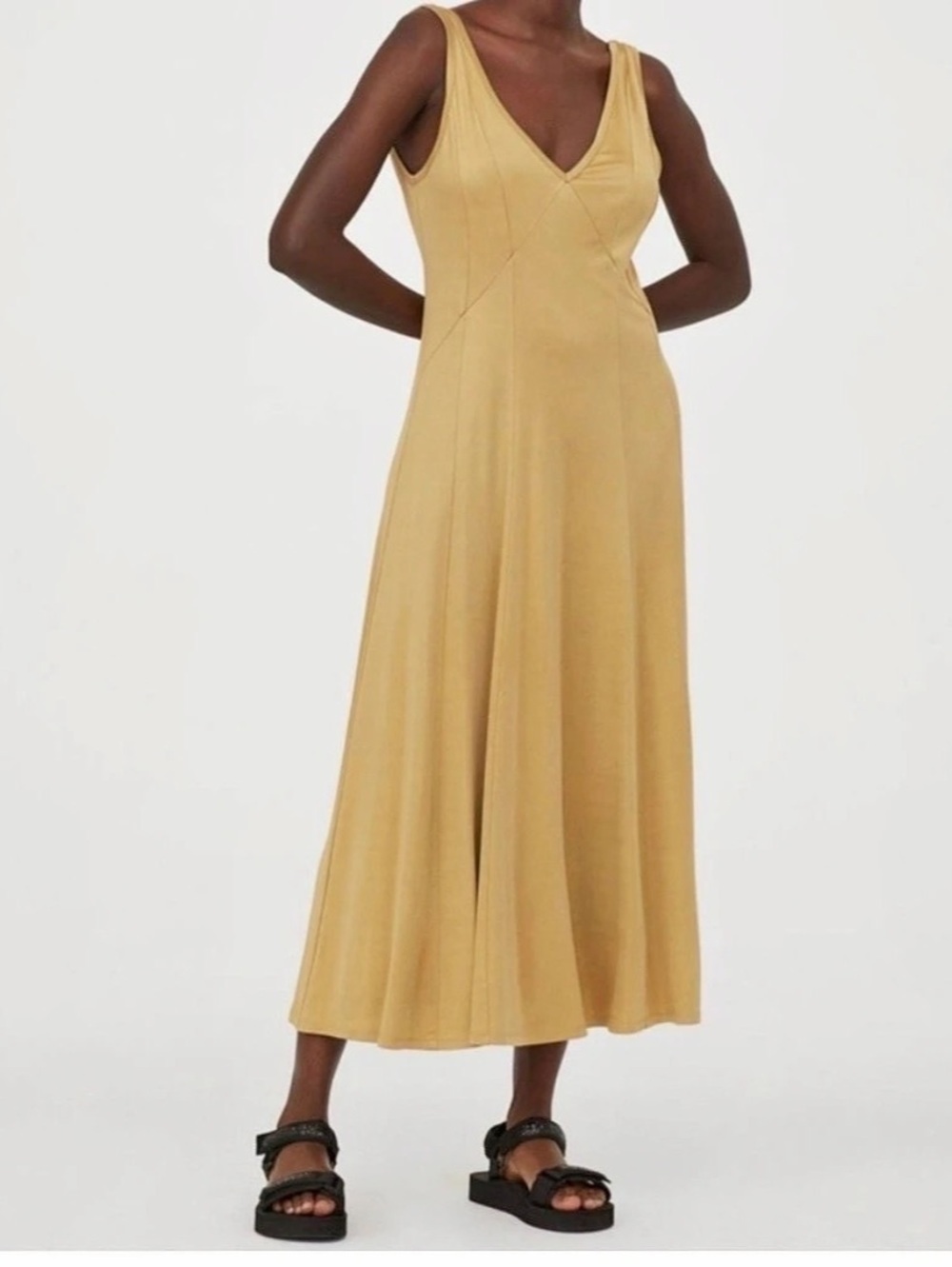 H&M Gold Metallic Sleeveless Round Neck Midi A-Line Dress Stretchy Sz. L NEW